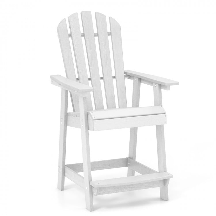 White HDPE patio chair with armrest and footrest, featuring a slatted design for outdoor relaxation and easy drainage.