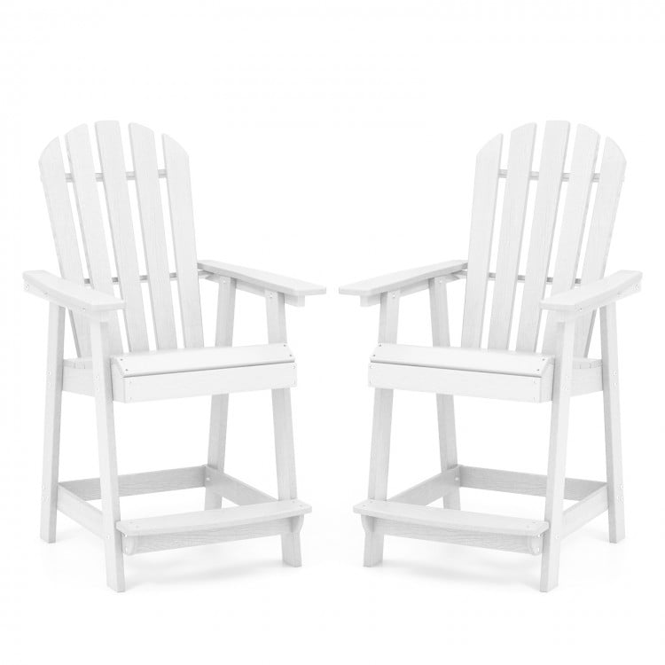 White HDPE patio chairs with armrests and footrests, featuring a slatted design for outdoor relaxation.