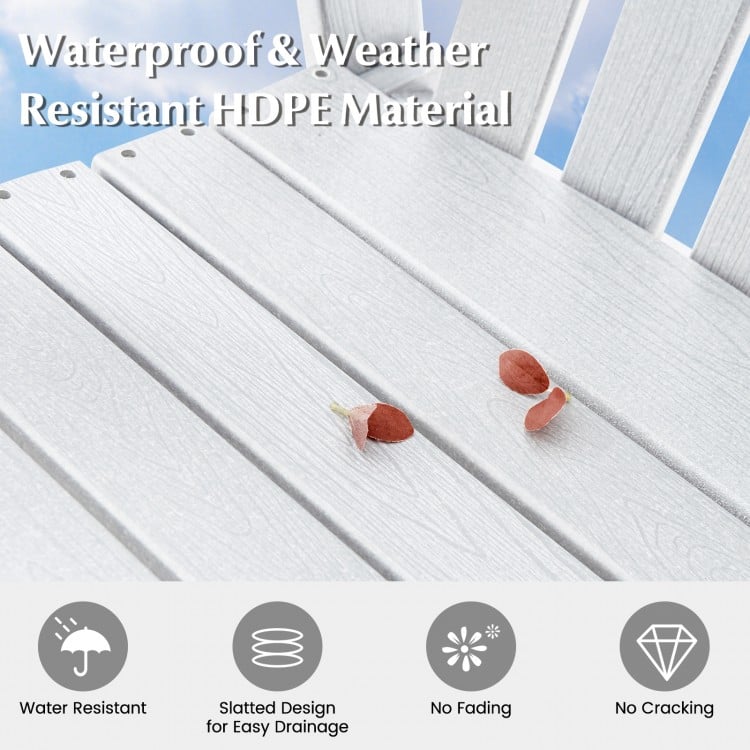 White HDPE patio chair with armrest and footrest, featuring slatted design for easy drainage and weather resistance.