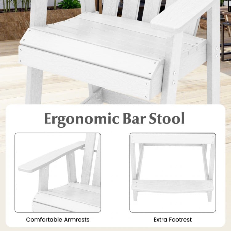 Ergonomic bar stool in white HDPE with comfortable armrests and extra footrest, ideal for outdoor relaxation.