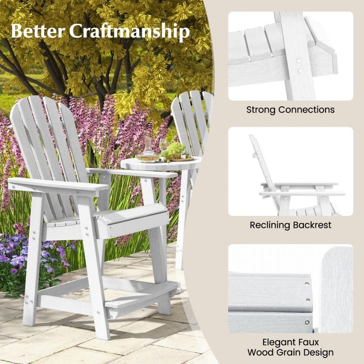 White HDPE patio chair with armrest and footrest, featuring a reclining backrest and elegant faux wood grain design for.