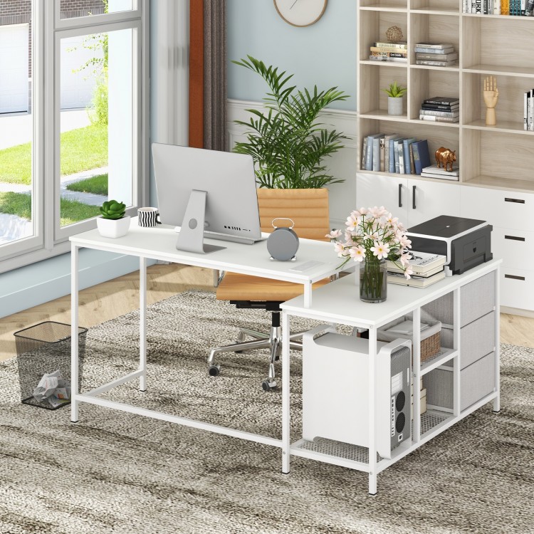 L-shaped white computer desk with power outlet, spacious surface, and fabric drawers for organized workspace.