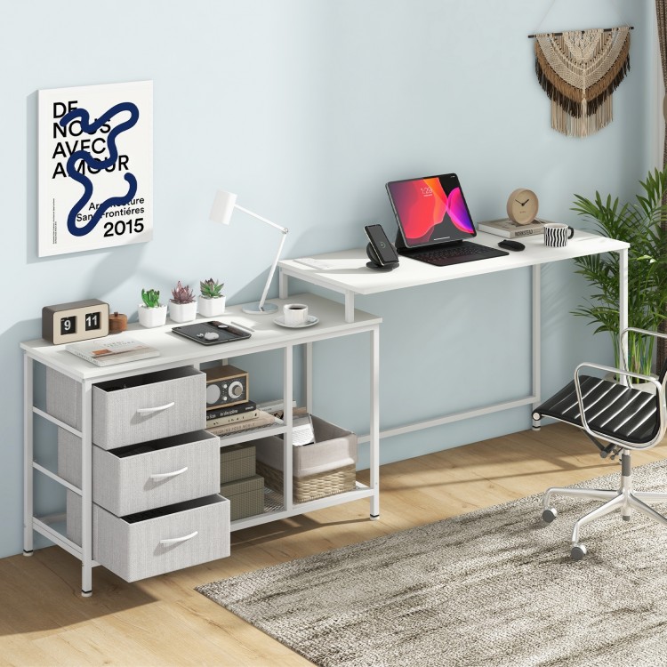 L-shaped computer desk showcasing the spacious surface and integrated power outlet, perfect for home office setup.