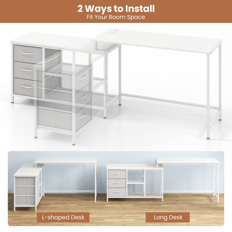 L-shaped computer desk with power outlet, featuring spacious surface and fabric drawers for organized workspace.