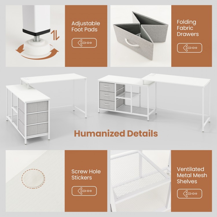 L-shaped computer desk featuring ventilated metal mesh shelves, adjustable foot pads, and spacious fabric drawers for.