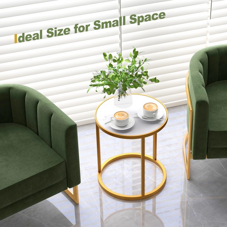Round side table with faux marble top and golden metal frame, perfect for small spaces in living rooms or offices.