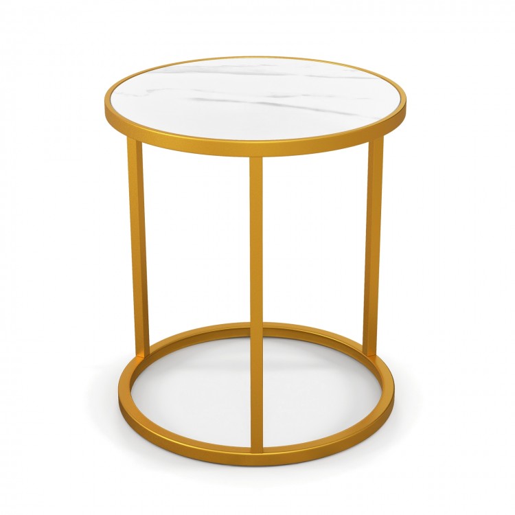 Round side table with a faux marble top and golden metal frame, perfect for small spaces in living rooms or offices.