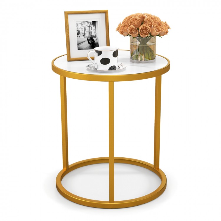 Round side table with faux marble top and golden metal frame, perfect for small spaces in living room or office.