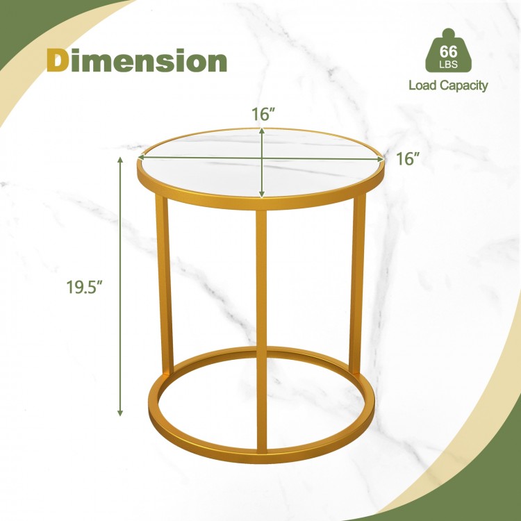 Round side table with a 16-inch faux marble top and golden metal frame, ideal for small spaces and versatile use.