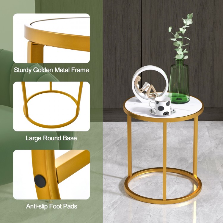 Round side table with a faux marble top and sturdy golden metal frame, perfect for small spaces in any room.
