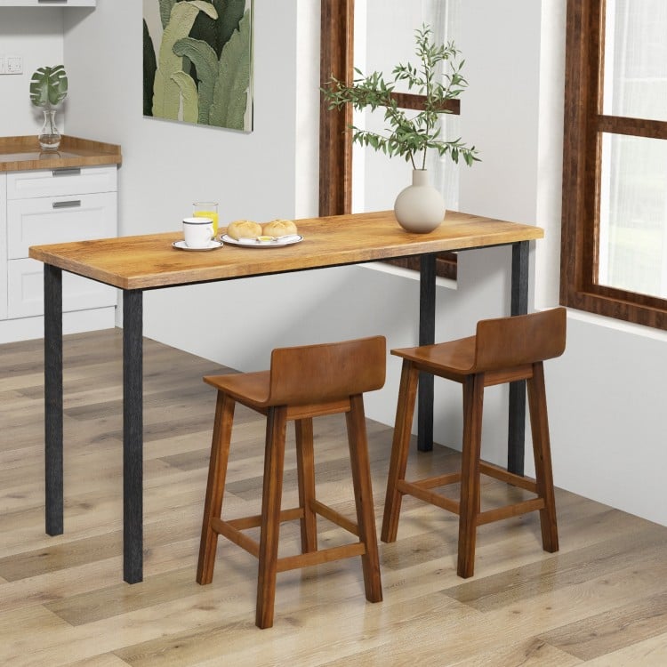 Wood bar stools set of 2 with solid back and seat in brown, perfect for dining rooms and kitchen counters.