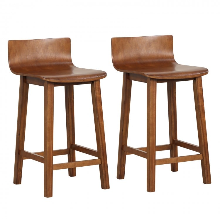 Set of 2 brown wood bar stools with solid back and seat, designed for comfort and stability, perfect for kitchen or.