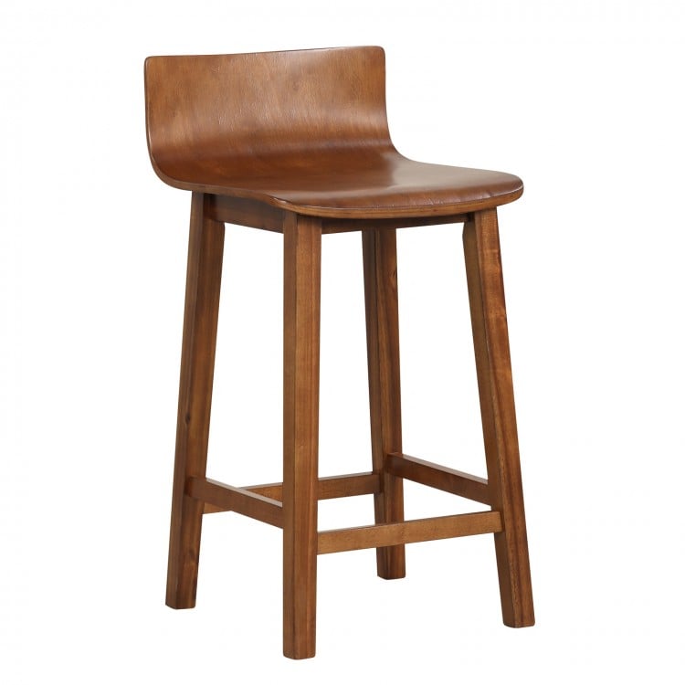 Brown wood bar stool with solid back and seat, featuring acacia wood legs and ergonomic design for comfort.