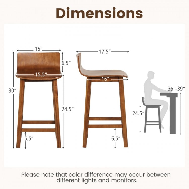 Side view of a brown wood bar stool with solid back and seat, designed for 35"-39" bar tables, featuring non-slip foot.