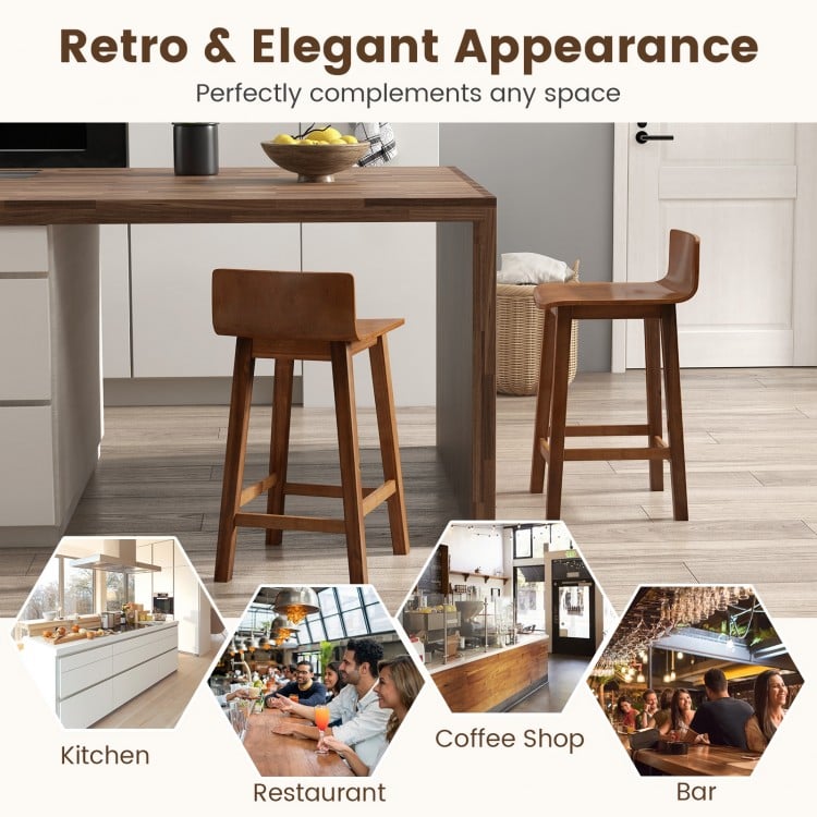 Wood bar stools set of 2 in brown with solid back, perfect for kitchen or bar use, featuring acacia wood legs.