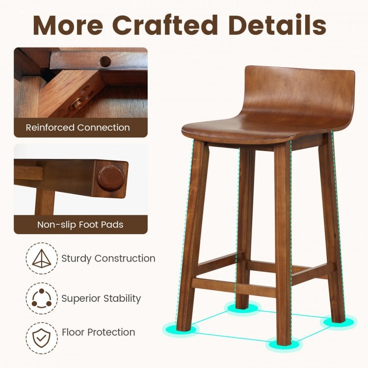 Detail of a wood bar stool showing reinforced connection and non-slip foot pads for stability and floor protection.
