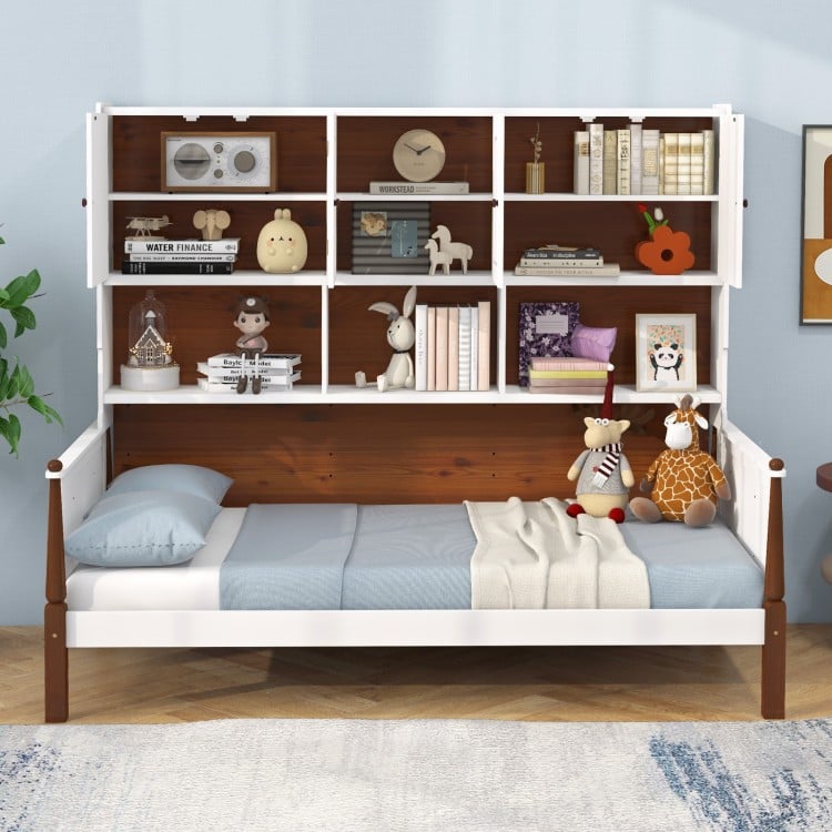 Twin bed with bookcase featuring 2 cabinets and 5 shelves, designed for storage and support in white finish.