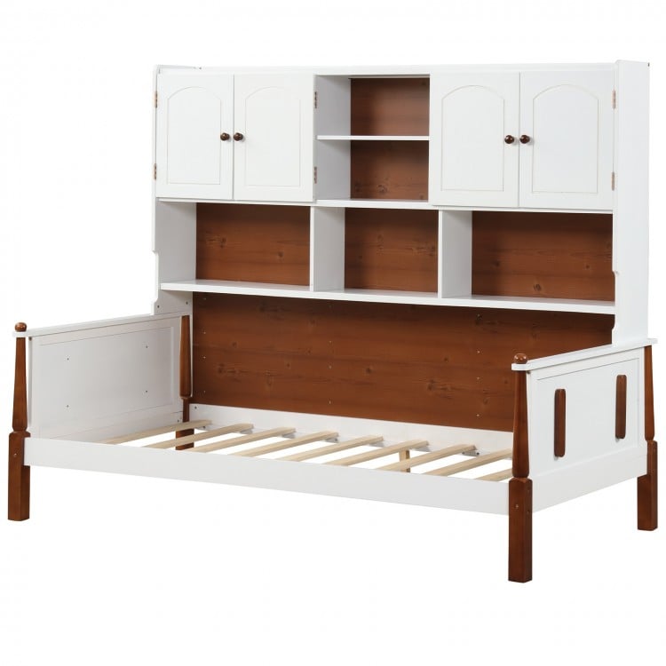 Twin bed with white bookcase and shelves, featuring solid wood slat support and vintage style for bedroom or living.