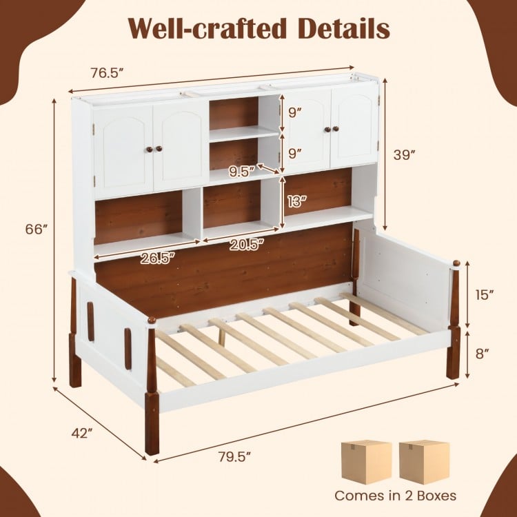 Twin bed with bookcase featuring 2 cabinets and 5 shelves, designed for sturdy support and vintage style in white.