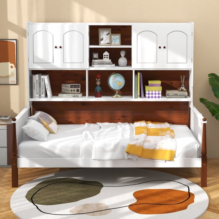 Twin bed with white bookcase featuring 2 cabinets and 5 shelves, ideal for bedroom or living room storage.