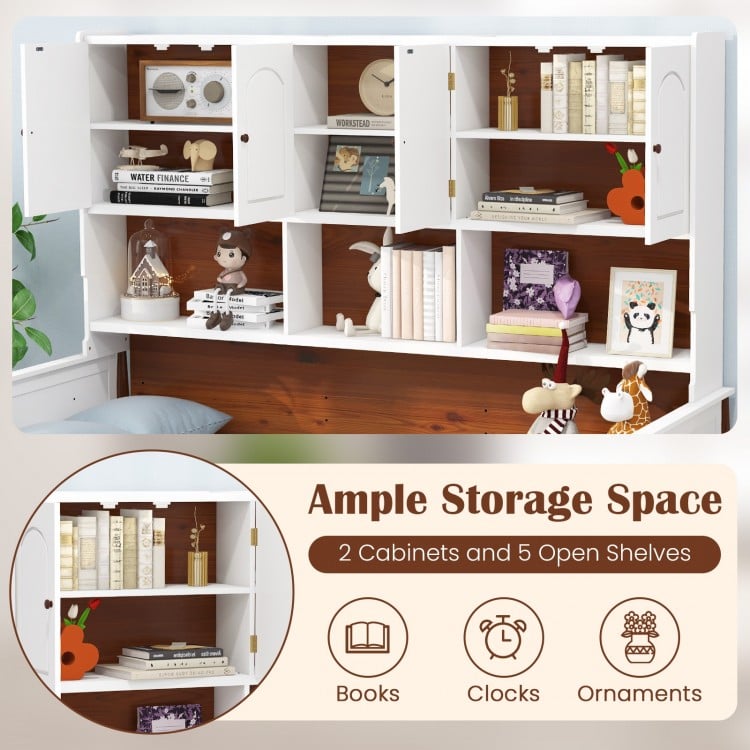Twin bed with bookcase featuring 2 cabinets and 5 open shelves for ample storage of books and ornaments in white.