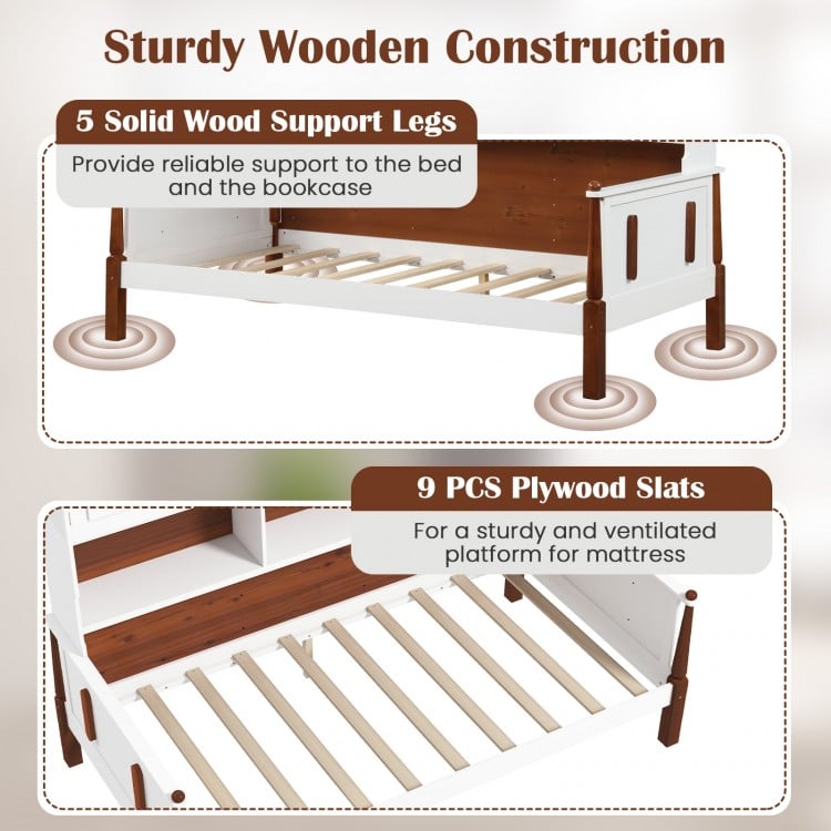 Twin bed with bookcase showing sturdy wooden slat support and solid wood legs for reliable mattress support.