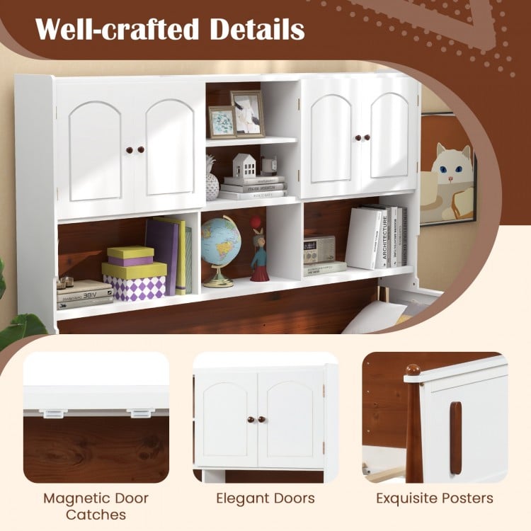 Twin bed with bookcase featuring elegant doors, ample storage shelves, and magnetic door catches for a vintage style.