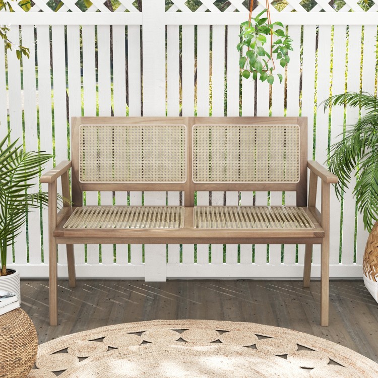 Indonesia Teak Wood Garden Bench with Armrests and Natural Rattan Backrest - Gallery View 1 of 9