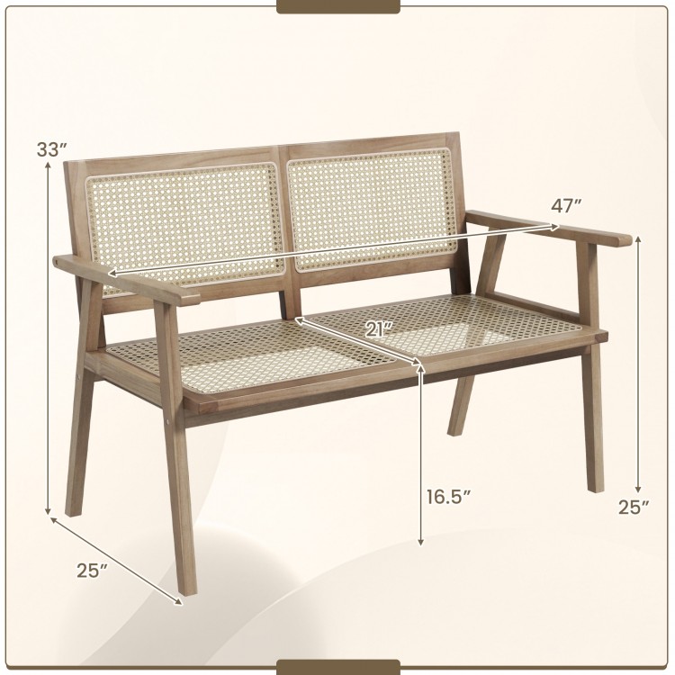 Teak wood garden bench with armrests and natural rattan backrest, measuring 47" x 25", ideal for patio or garden use.