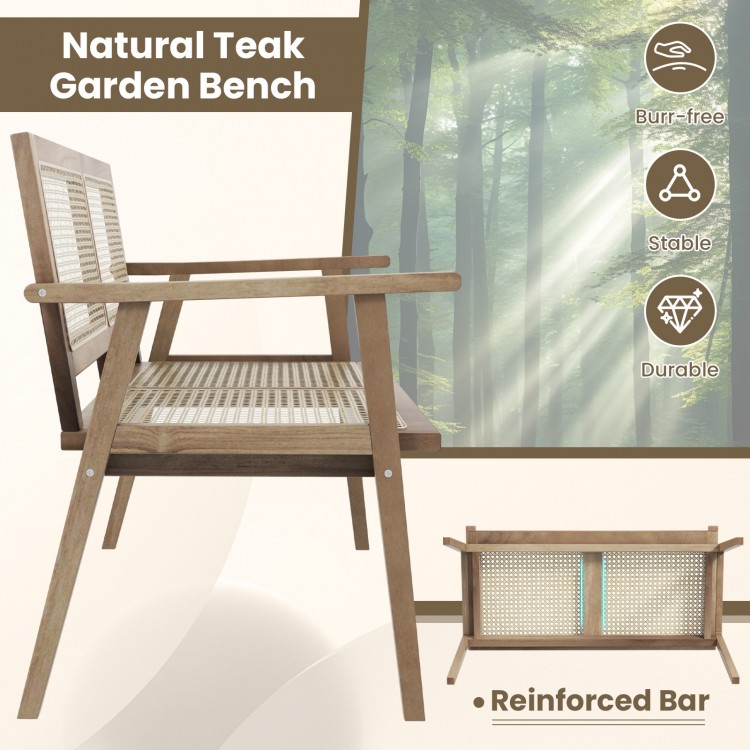 Side view of the Indonesia teak wood garden bench with natural rattan backrest, designed for outdoor relaxation.