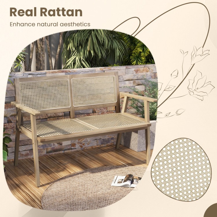 Indonesia teak wood garden bench with natural rattan backrest, designed for outdoor comfort and aesthetic appeal.
