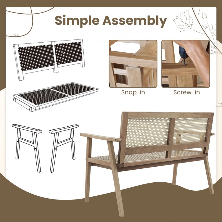 Indonesia teak wood garden bench with armrests and natural rattan backrest, designed for easy assembly and outdoor use.