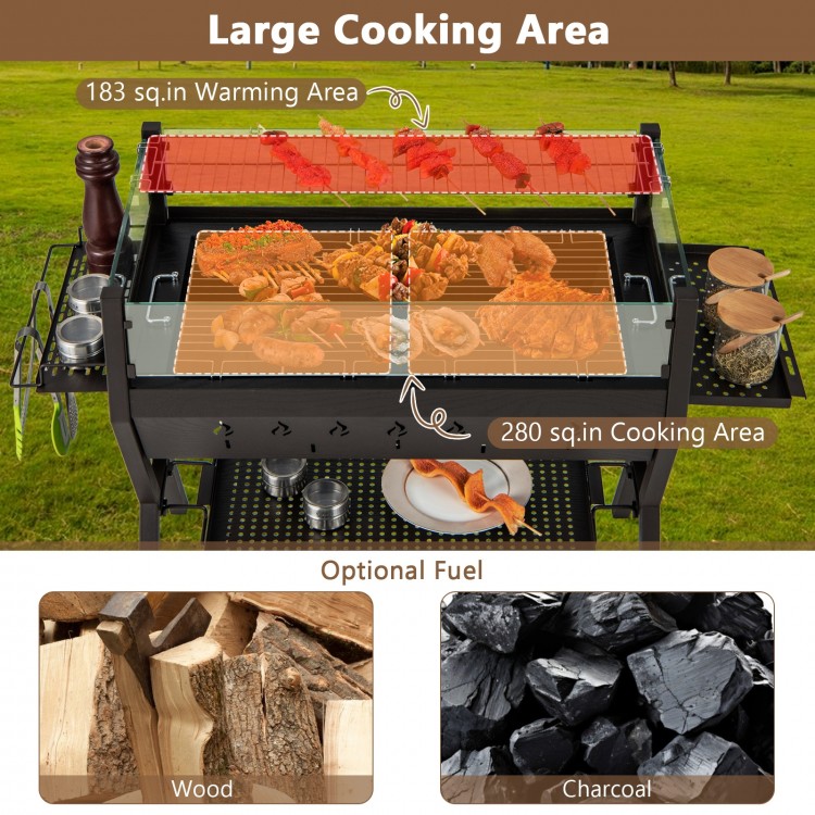 Large barbecue charcoal grill with 280 sq.in cooking area, stainless steel grates, and side seasoning racks for outdoor.
