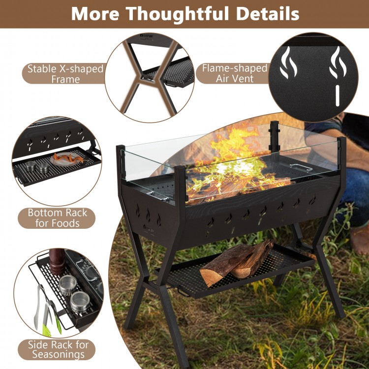 Barbecue charcoal grill with wind guard, featuring a stable X-shaped frame and side seasoning racks for easy access.