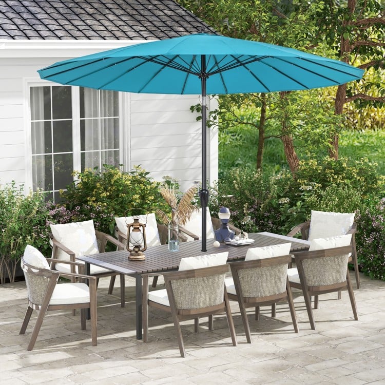 Turquoise 9 feet round patio umbrella with 18 fiberglass ribs, featuring a tilt mechanism for optimal sun blocking.