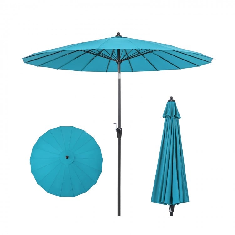 Turquoise 9 feet round patio umbrella with 18 fiberglass ribs, featuring a tilt mechanism and crank handle for easy use.