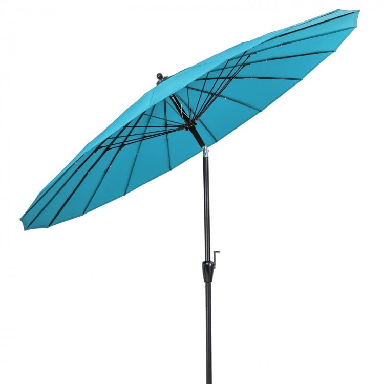 Turquoise 9 feet round patio umbrella with 18 fiberglass ribs and tilt mechanism for optimal sun protection.