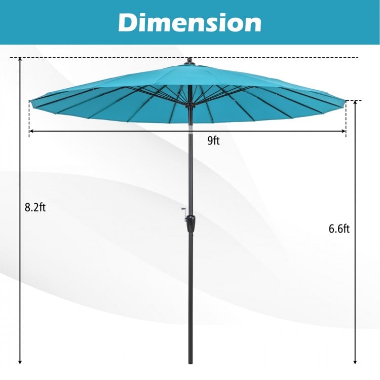 9-foot turquoise patio umbrella with 18 fiberglass ribs, featuring a tilt mechanism and vented top for optimal shade.
