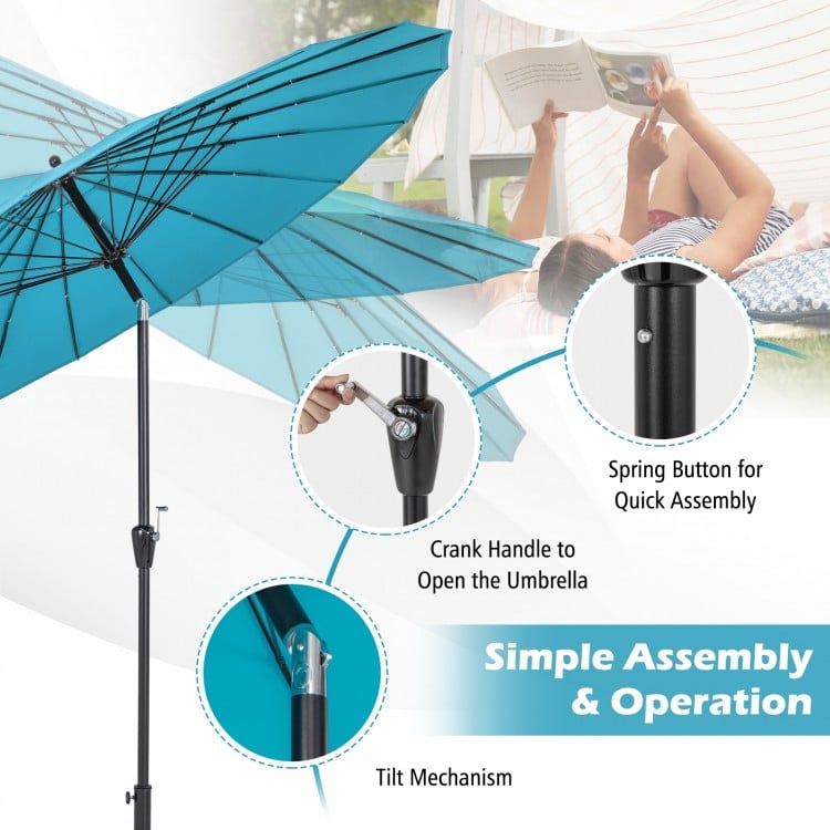 9-foot turquoise patio umbrella with fiberglass ribs, tilt mechanism, and crank handle for easy operation and assembly.