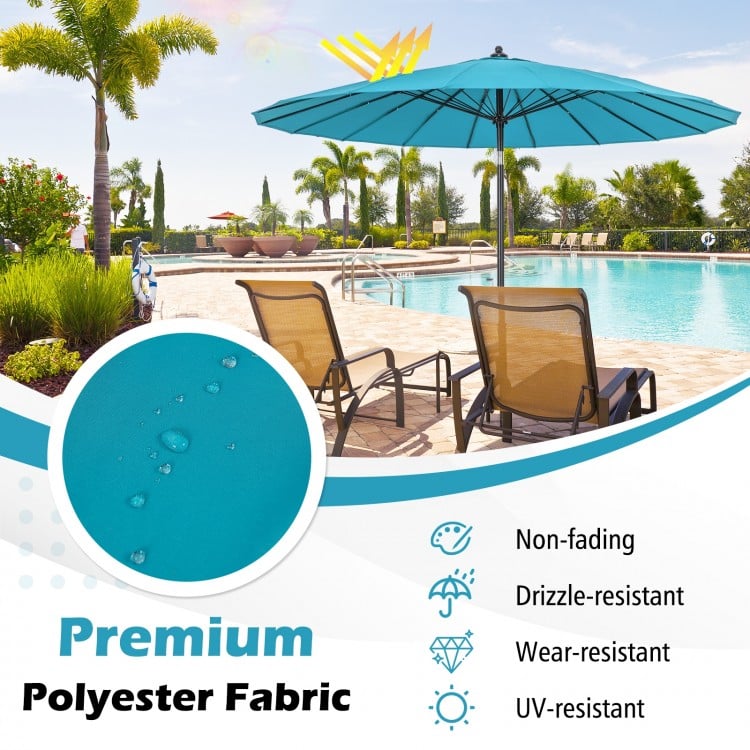 9 feet round turquoise patio umbrella with 18 fiberglass ribs, UV-resistant fabric, perfect for outdoor shade.
