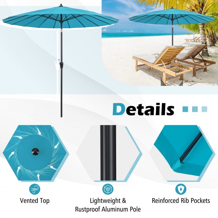 Turquoise 9 feet round patio umbrella with vented top and lightweight aluminum pole, ideal for outdoor relaxation.