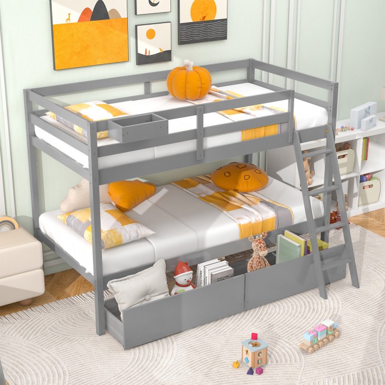 Twin over twin gray bunk bed with storage drawers and integrated ladder, perfect for kids' rooms and space-saving needs.