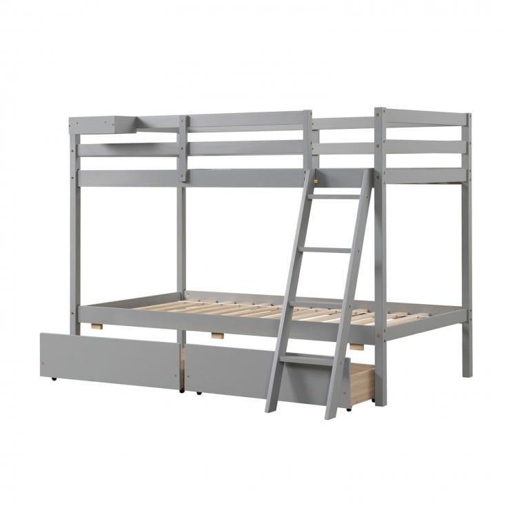 Twin over twin gray bunk bed frame with integrated ladder and two storage drawers for space-saving organization.