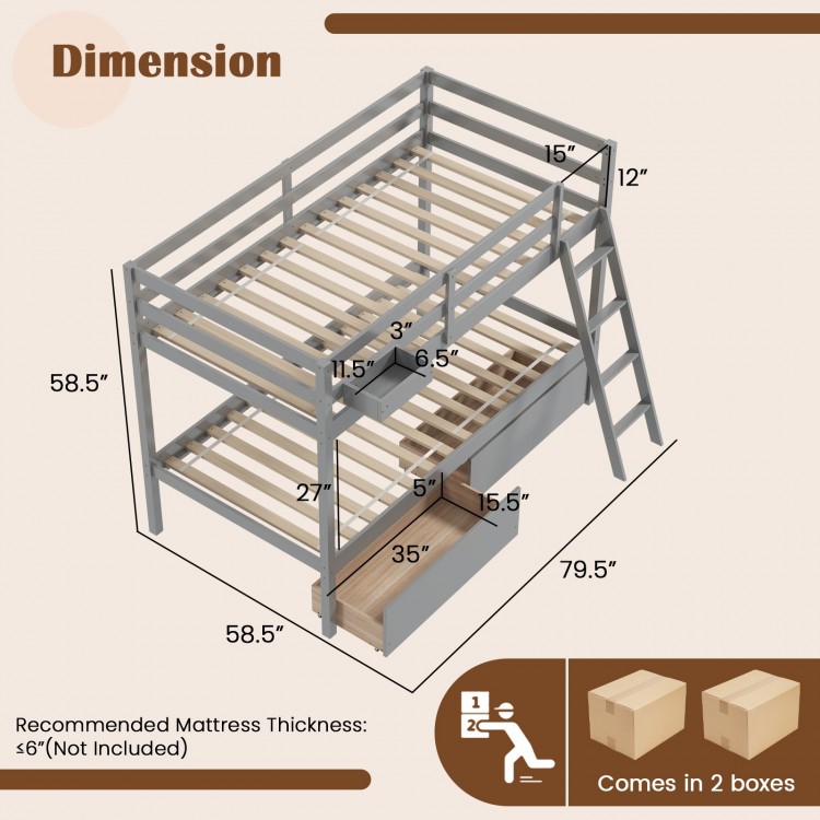 Twin over twin bunk bed frame in gray with storage drawers, integrated ladder, and sturdy pine wood construction.