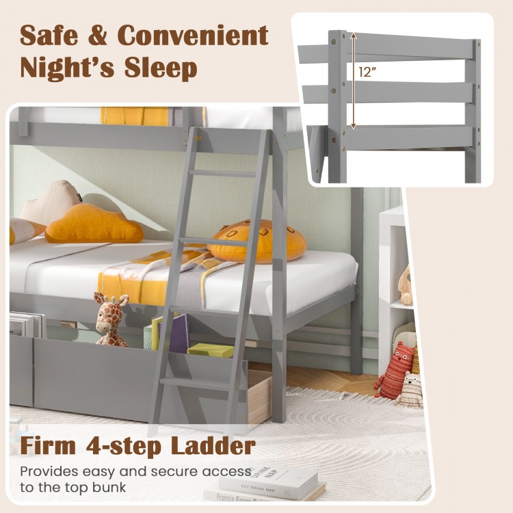 Gray twin over twin bunk bed with a firm 4-step ladder and two storage drawers for space-saving organization.