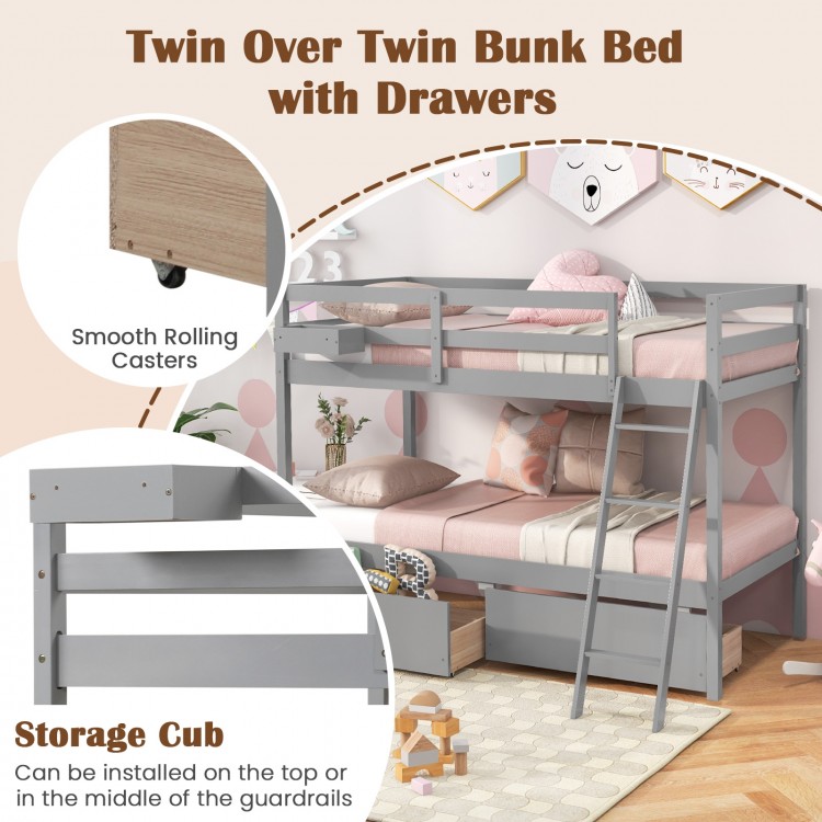 Twin over twin gray bunk bed with storage drawers, sturdy pine wood frame, integrated ladder, ideal for kids' rooms.