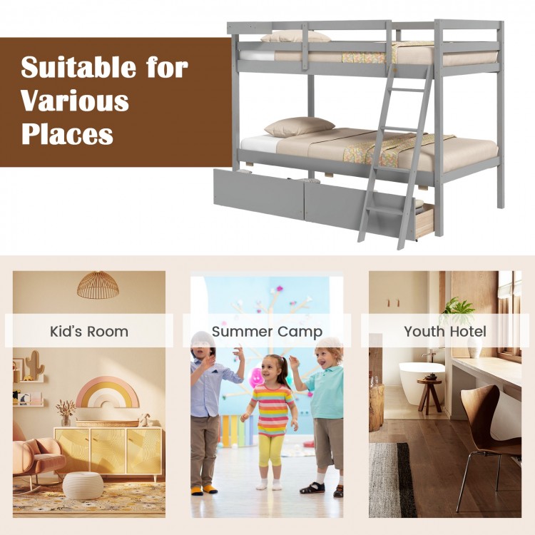 Twin over twin gray bunk bed with storage drawers and integrated ladder, ideal for kids' rooms and space-saving.