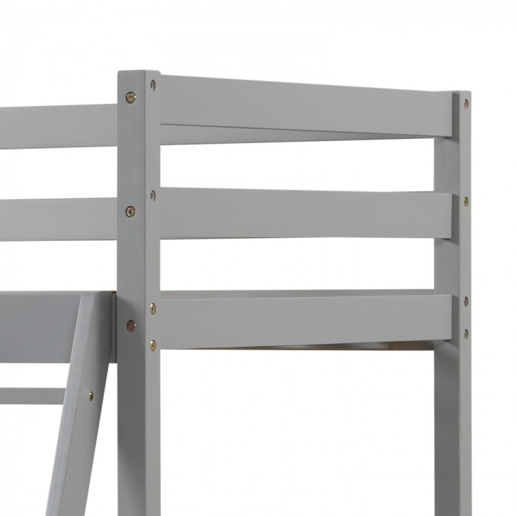 Gray twin over twin bunk bed frame detail showing sturdy wooden slats and integrated ladder for safe access.