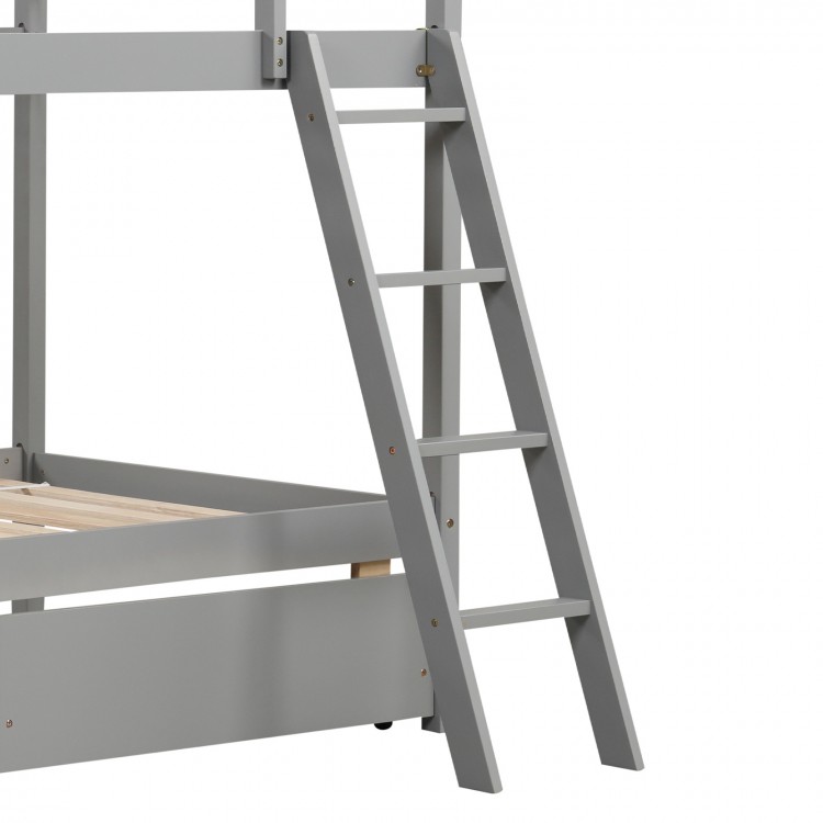 Gray twin over twin bunk bed frame with integrated ladder and two storage drawers for space-saving organization.