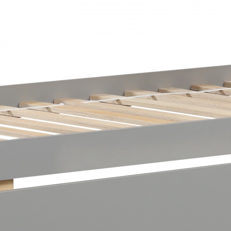 Twin over twin bunk bed frame in gray with wooden slats and two storage drawers for space-saving organization.